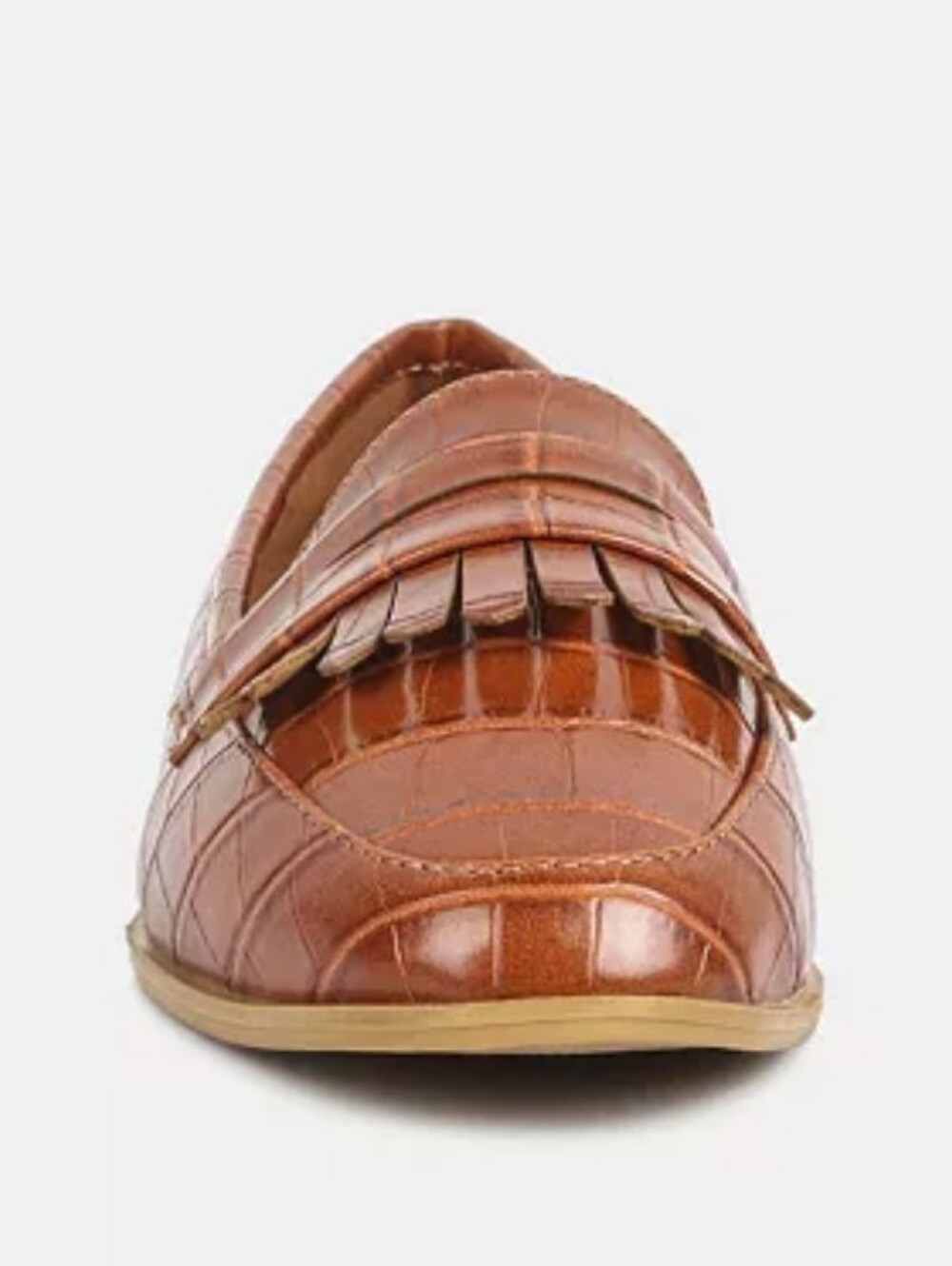 Women's Tan Croc-Embossed Fringe Loafers - Picture 2 of 7